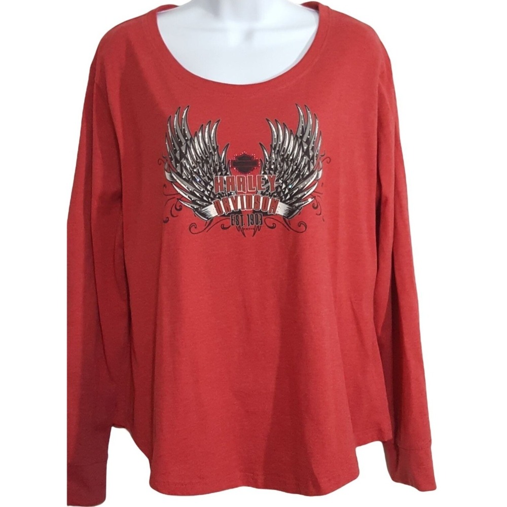 Harley Davidson women's t-shirt long sleeve Red Wings rhinestone